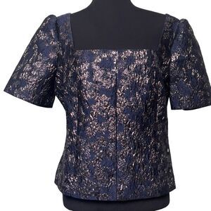 Club Monaco Brocade Puff Sleeve Chemise Navy Base Bleu Marine‎ Size 12 Metallic
